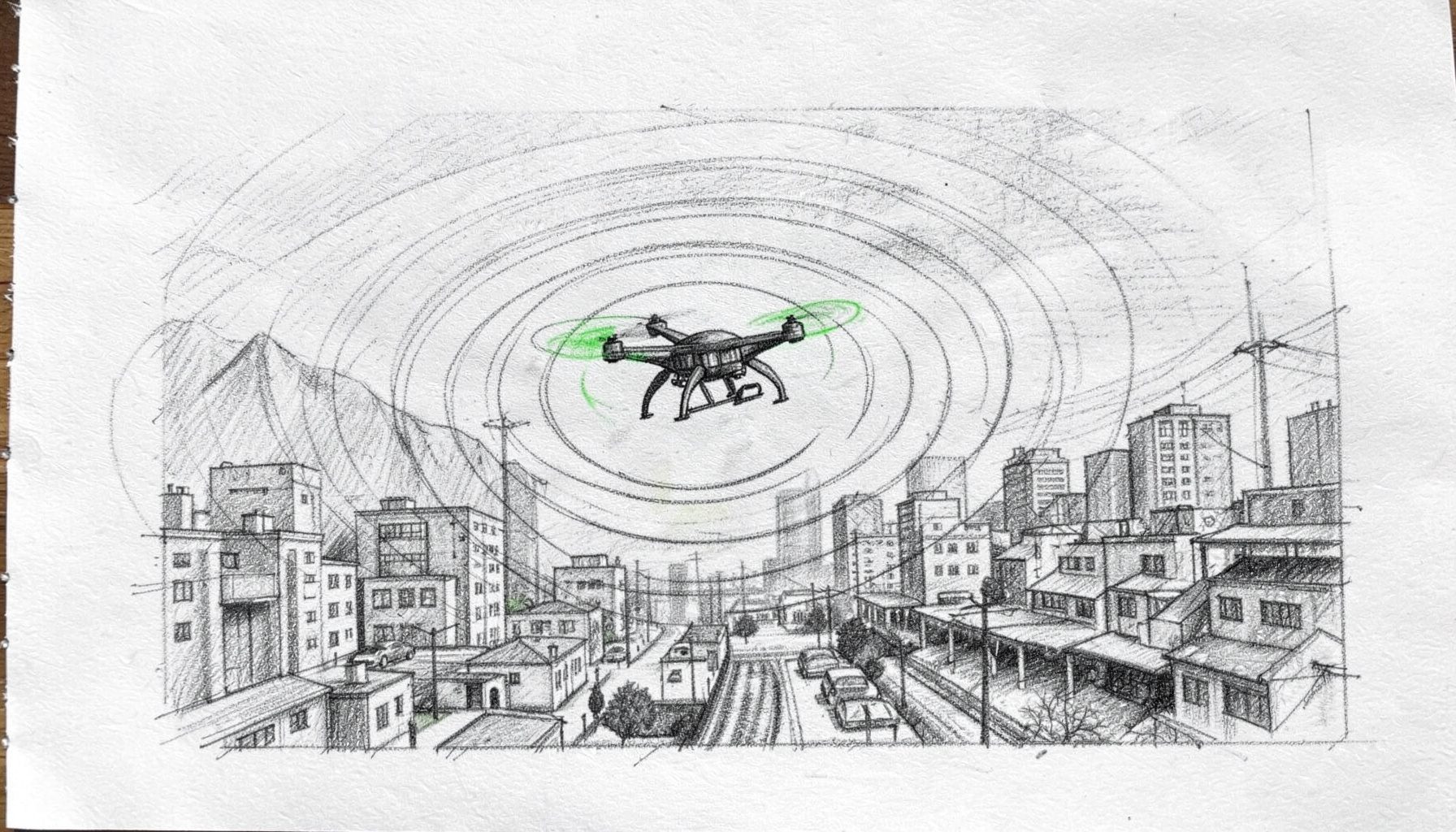 Dibujo a lápiz de grafito de un dron pequeño sobrevolando un paisaje urbano, con ondas sonoras concéntricas representando detección acústica, tonos grises y negros, atmósfera técnica