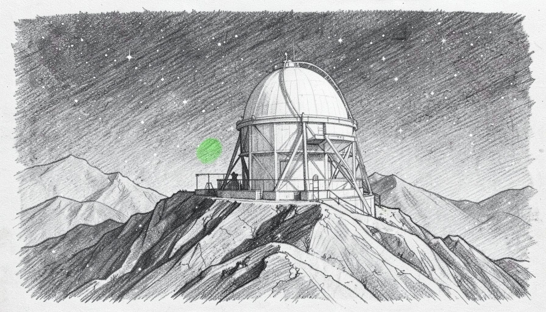 Dibujo a lápiz de grafito de un observatorio astronómico en una cumbre montañosa bajo un cielo estrellado, cúpula blanca y estructura geométrica, tonos grises profundos
