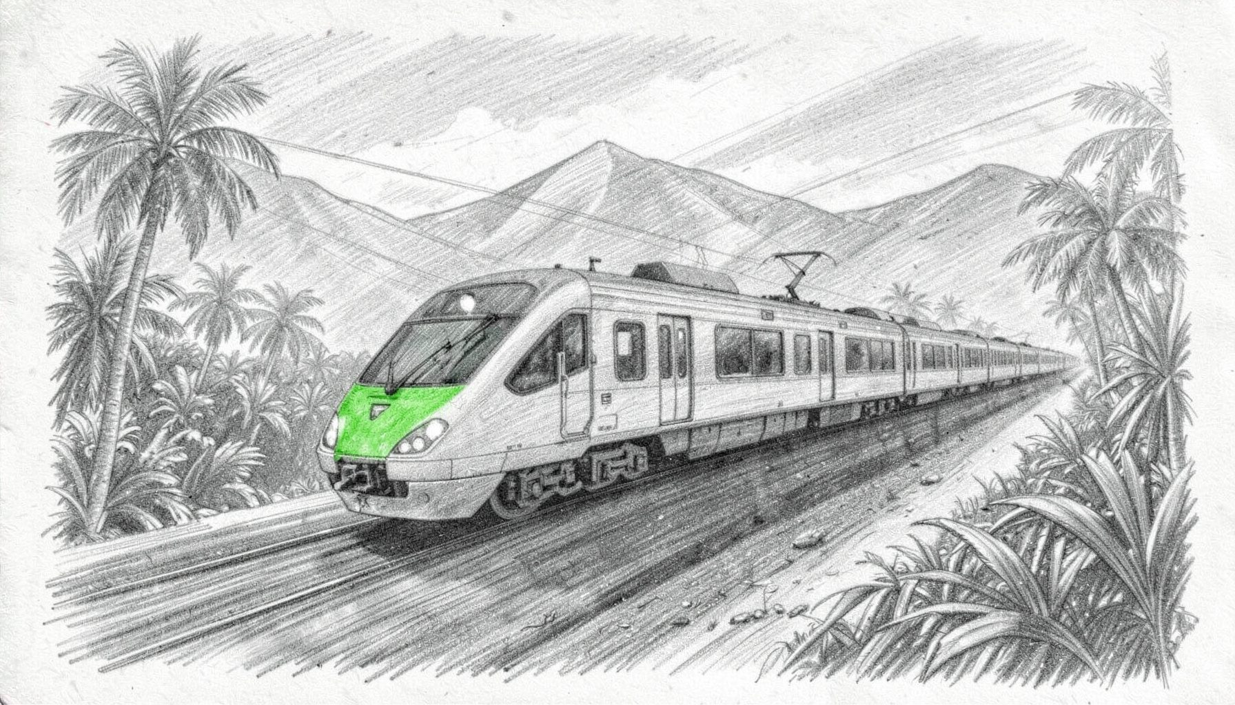 Dibujo a lápiz de grafito de un tren de alta velocidad atravesando un paisaje tropical con montañas al fondo, líneas dinámicas y sombreado atmosférico, tonos grises
