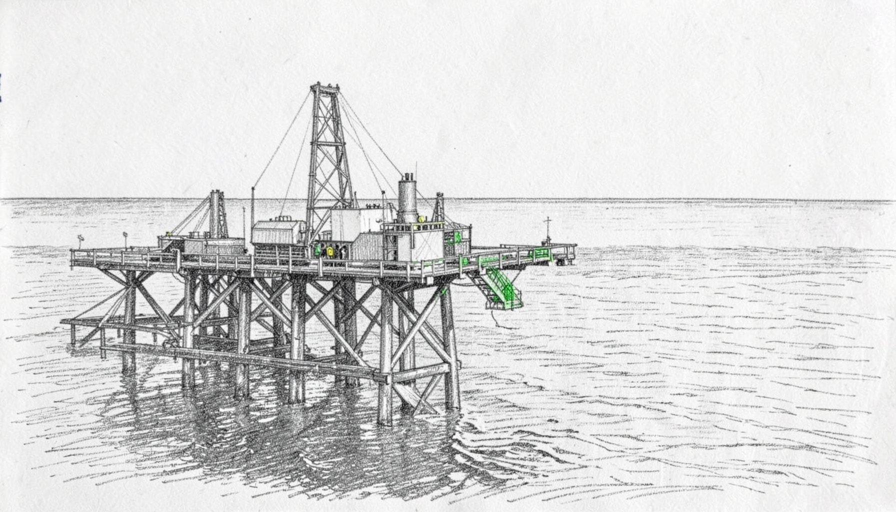 Dibujo a lápiz de grafito de una plataforma petrolera marina con líneas estructurales definidas, mar en calma y horizonte amplio, tonos grises y negros