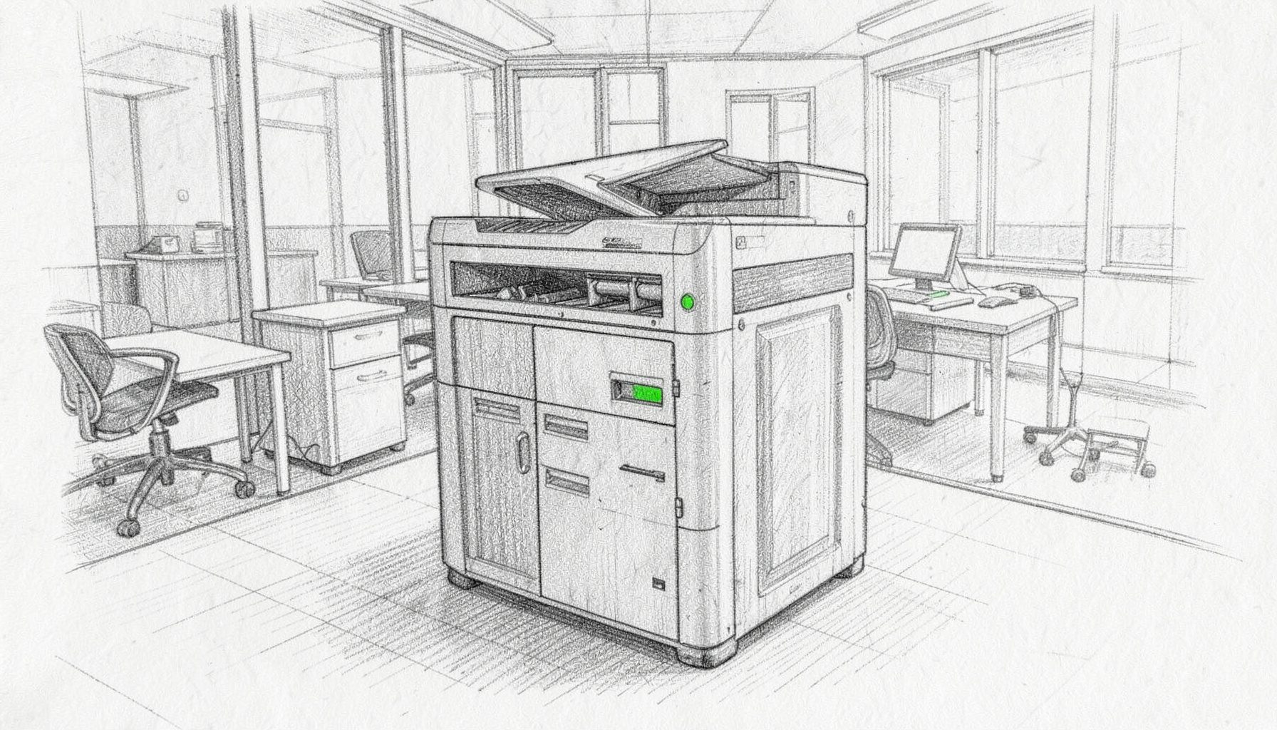 Dibujo a lápiz de una copiadora de pie en una sala de oficina, líneas definidas, grises equilibrados, aspecto corporativo
