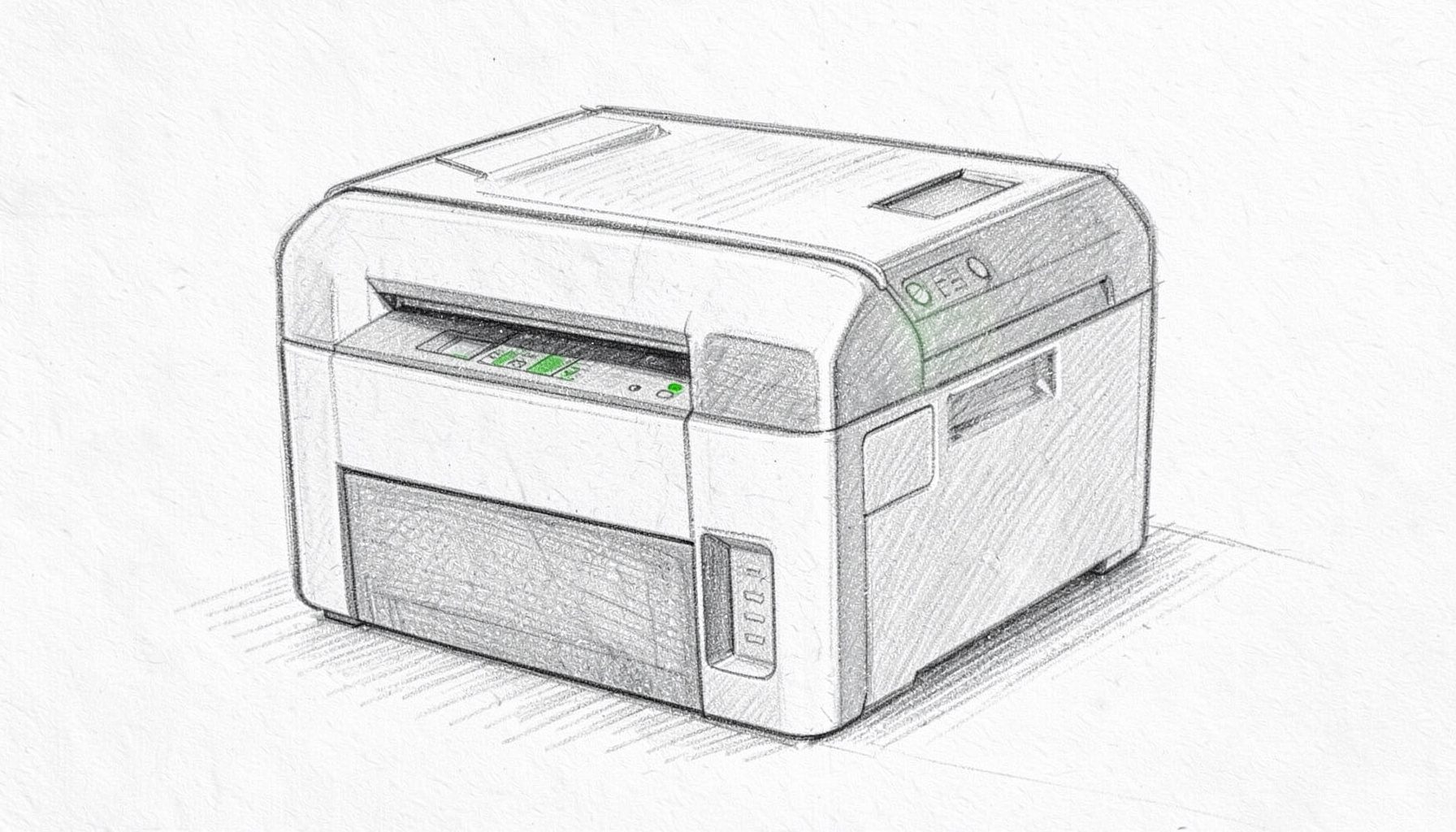 Boceto en grafito de una impresora de oficina compacta, trazos suaves, sombras ligeras, estilo técnico limpio