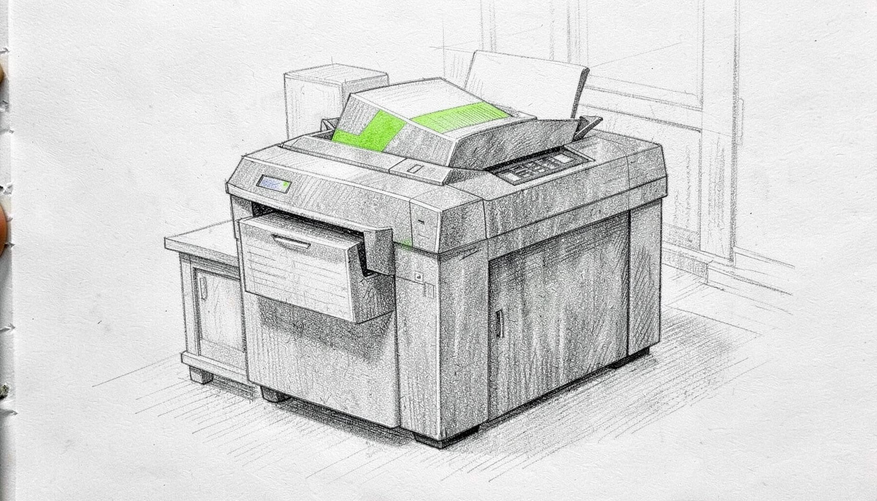 Ilustración en grafito de un equipo multifuncional con alimentador de documentos, sombreado detallado, entorno de oficina sobrio