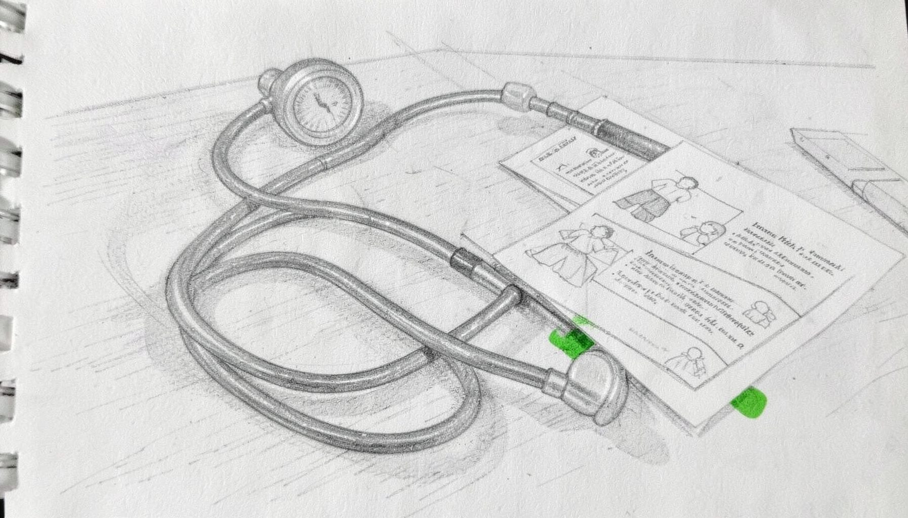 Dibujo a lápiz de grafito de un estetoscopio sobre un escritorio junto a folletos informativos de salud, composición limpia con sombras suaves, tonos grises